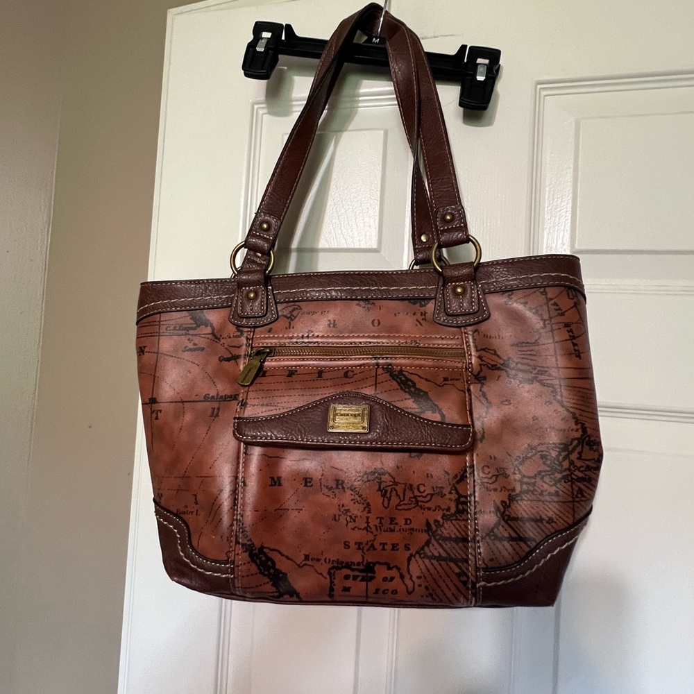 Vintage Map-Print Brown Leather Tote Bag